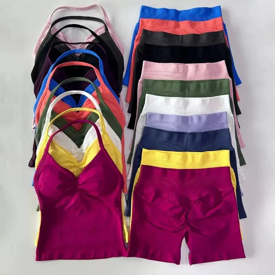 Ensemble de soutien-gorge et short de sport sexy à col halter, dos élégant, taille haute, effet galbant, pour Pilates, Yoga et entraînement