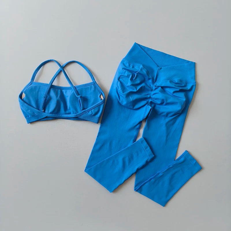 Soutien-gorge de sport push-up sans couture pour femmes, pantalon de Yoga à séchage rapide, Leggings pêche, entraînement et Fitness, ensemble deux pièces