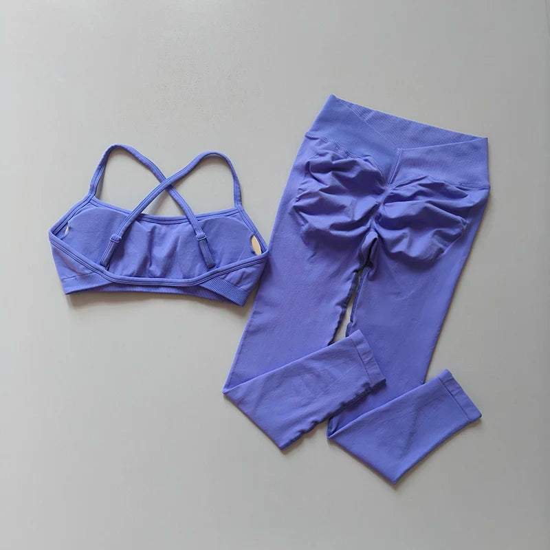 Soutien-gorge de sport push-up sans couture pour femmes, pantalon de Yoga à séchage rapide, Leggings pêche, entraînement et Fitness, ensemble deux pièces