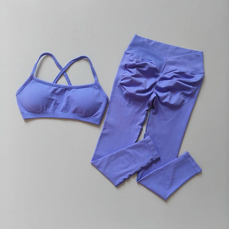Soutien-gorge de sport push-up sans couture pour femmes, pantalon de Yoga à séchage rapide, Leggings pêche, entraînement et Fitness, ensemble deux pièces