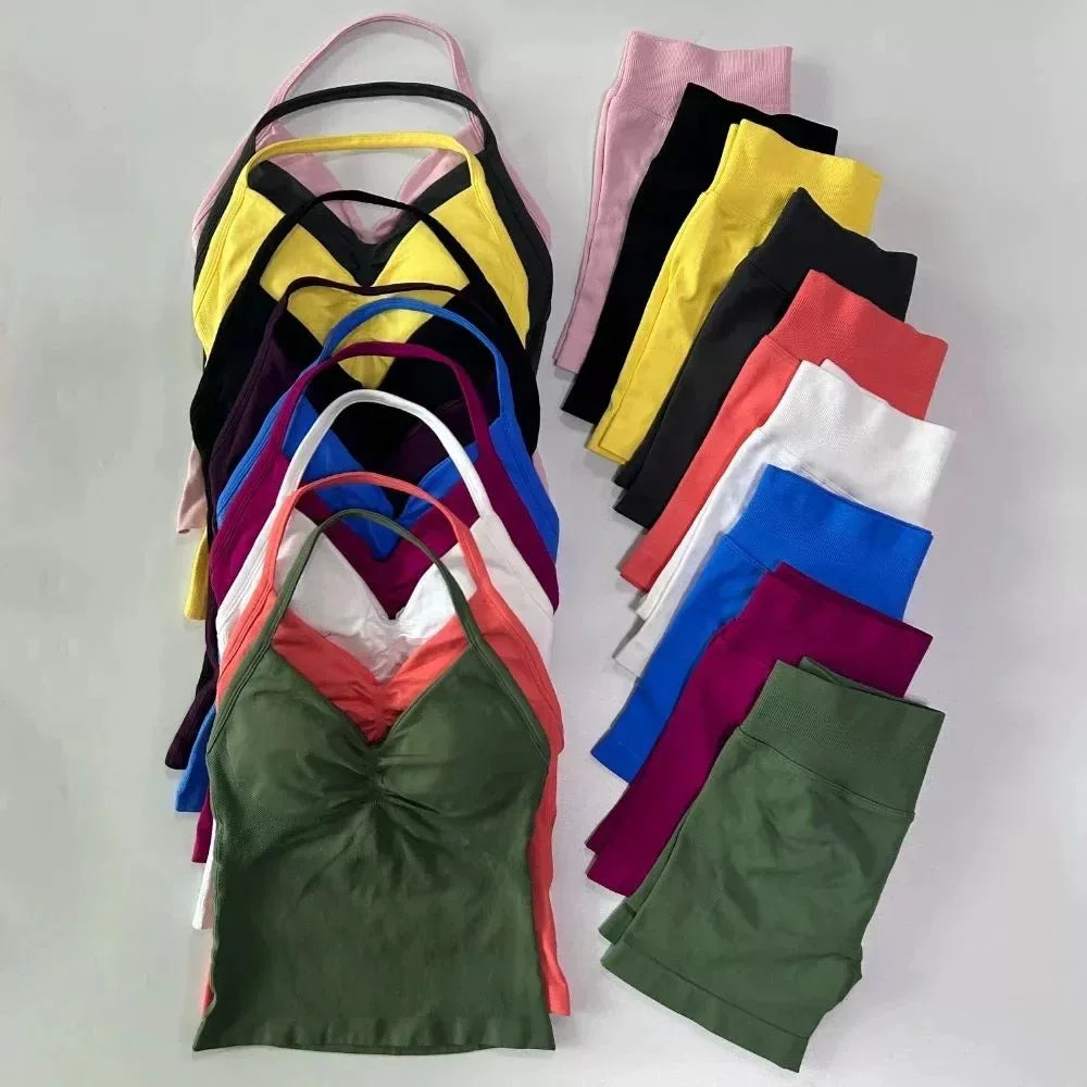 Ensemble de soutien-gorge et short de sport sexy à col halter, dos élégant, taille haute, effet galbant, pour Pilates, Yoga et entraînement