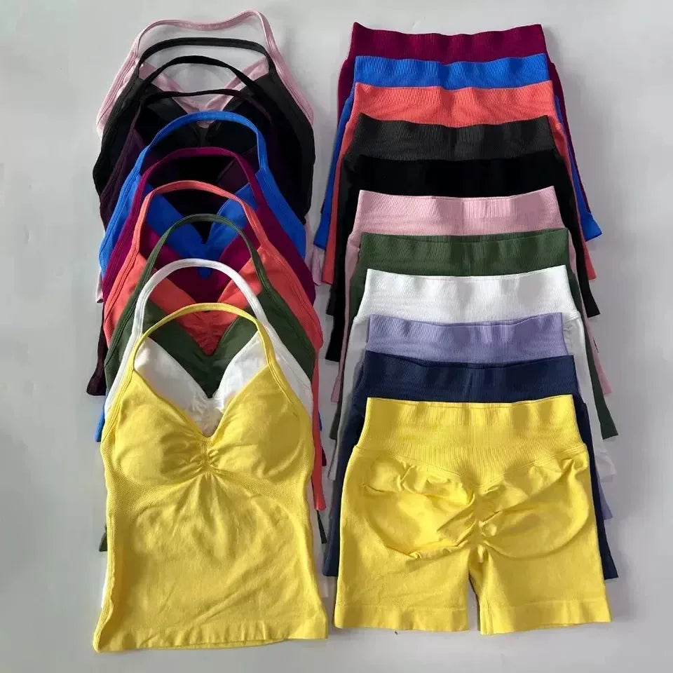 Ensemble de soutien-gorge et short de sport sexy à col halter, dos élégant, taille haute, effet galbant, pour Pilates, Yoga et entraînement
