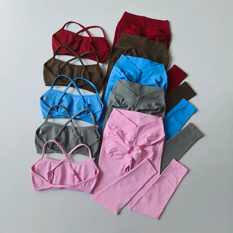 Soutien-gorge de sport push-up sans couture pour femmes, pantalon de Yoga à séchage rapide, Leggings pêche, entraînement et Fitness, ensemble deux pièces