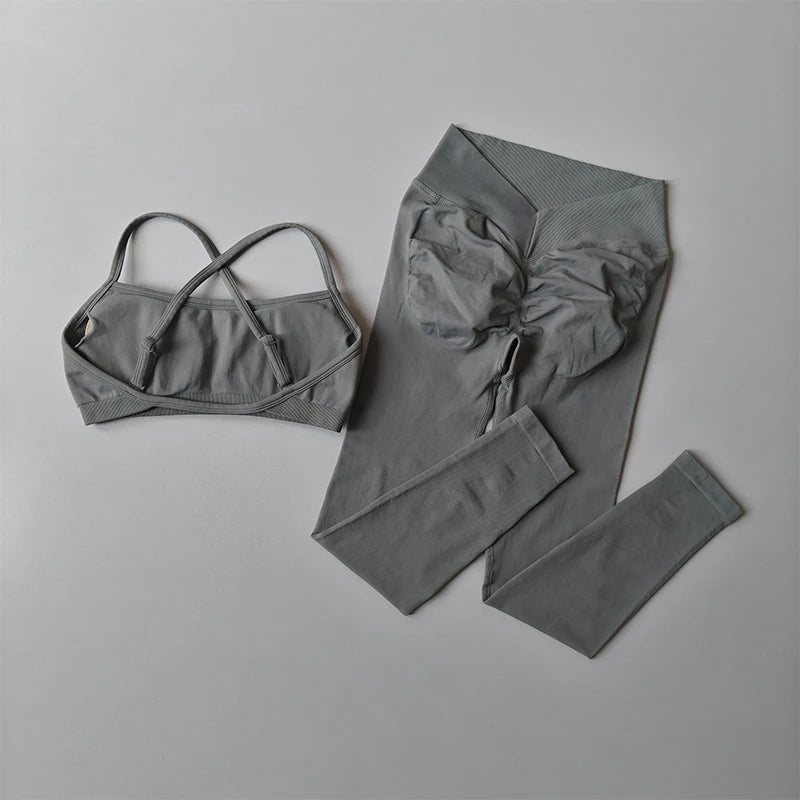 Soutien-gorge de sport push-up sans couture pour femmes, pantalon de Yoga à séchage rapide, Leggings pêche, entraînement et Fitness, ensemble deux pièces