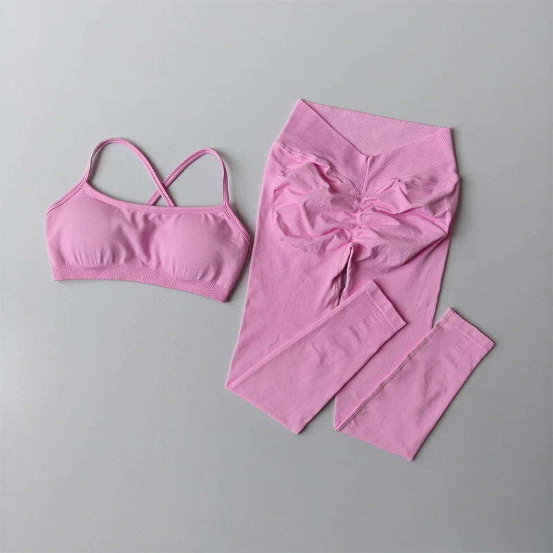 Soutien-gorge de sport push-up sans couture pour femmes, pantalon de Yoga à séchage rapide, Leggings pêche, entraînement et Fitness, ensemble deux pièces
