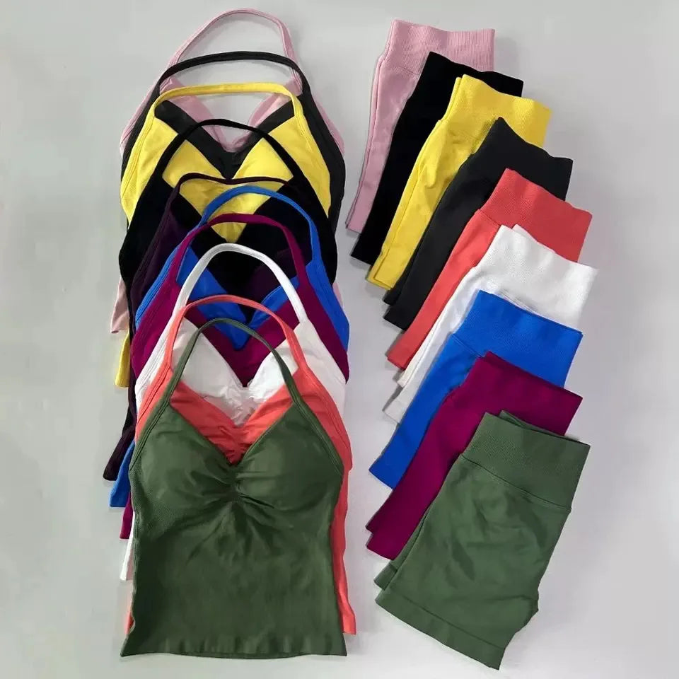 Ensemble de soutien-gorge et short de sport sexy à col halter, dos élégant, taille haute, effet galbant, pour Pilates, Yoga et entraînement
